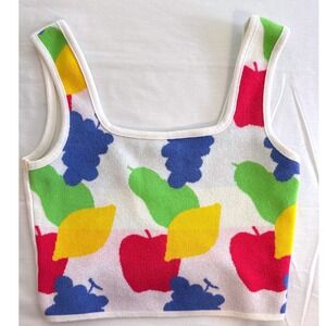Debut Fruit Print Knit Crop Tank Top Square Neck Multi Color Made in USA